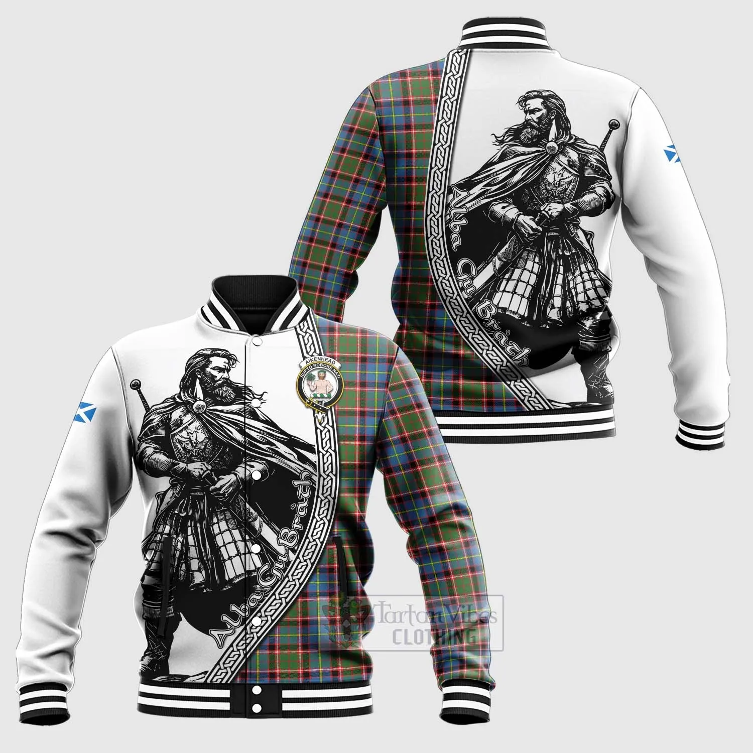 Aikenhead Tartan Clan Crest Baseball Jacket with Highlander Warrior Celtic Style