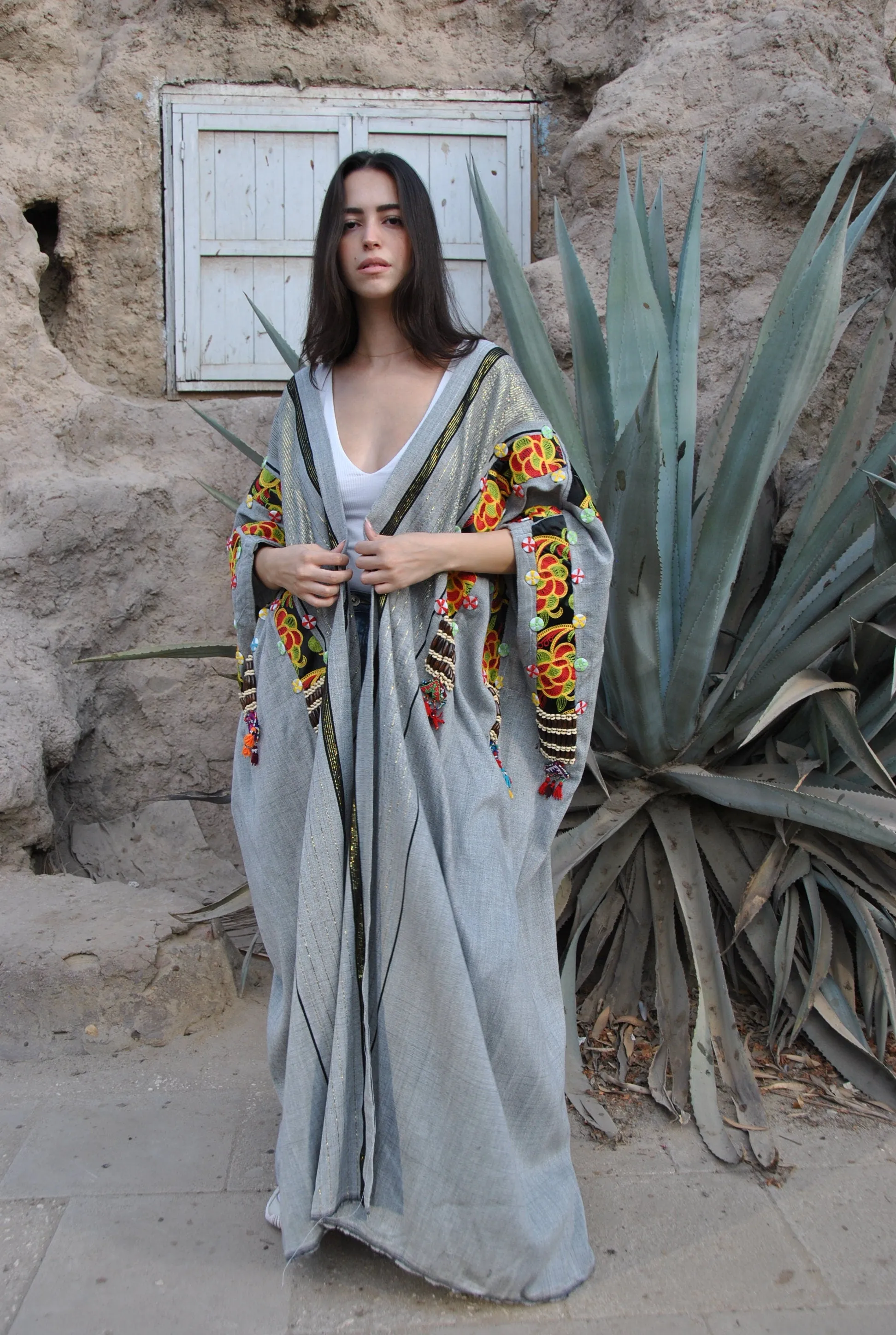 Bohemian Grey Hand loomed Wool Kimono, Oriental Kimono, Hand loomed Kimono, Kimonos, Plus size Kimono, Tribal Kimono, Bohemian Kimono