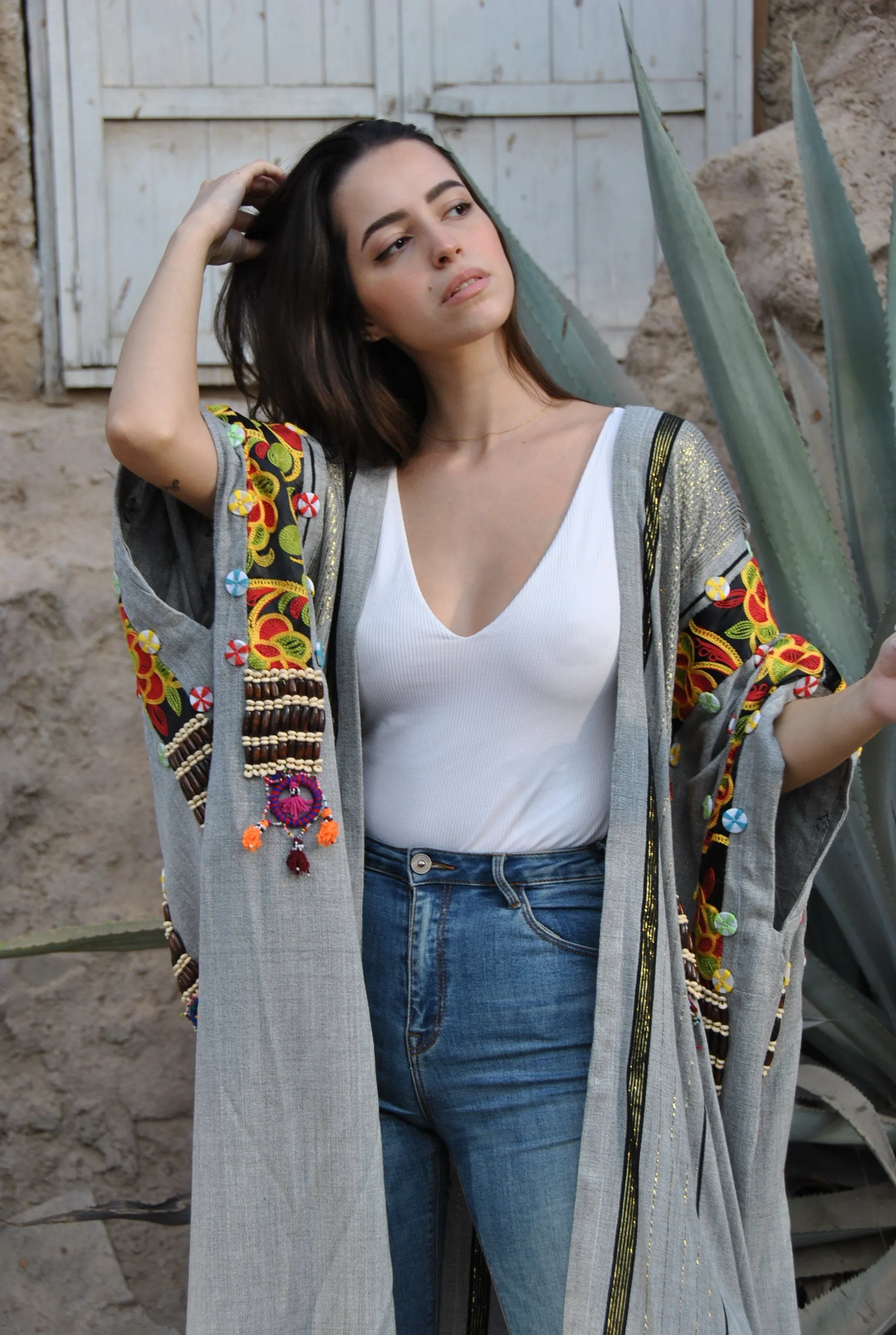 Bohemian Grey Hand loomed Wool Kimono, Oriental Kimono, Hand loomed Kimono, Kimonos, Plus size Kimono, Tribal Kimono, Bohemian Kimono