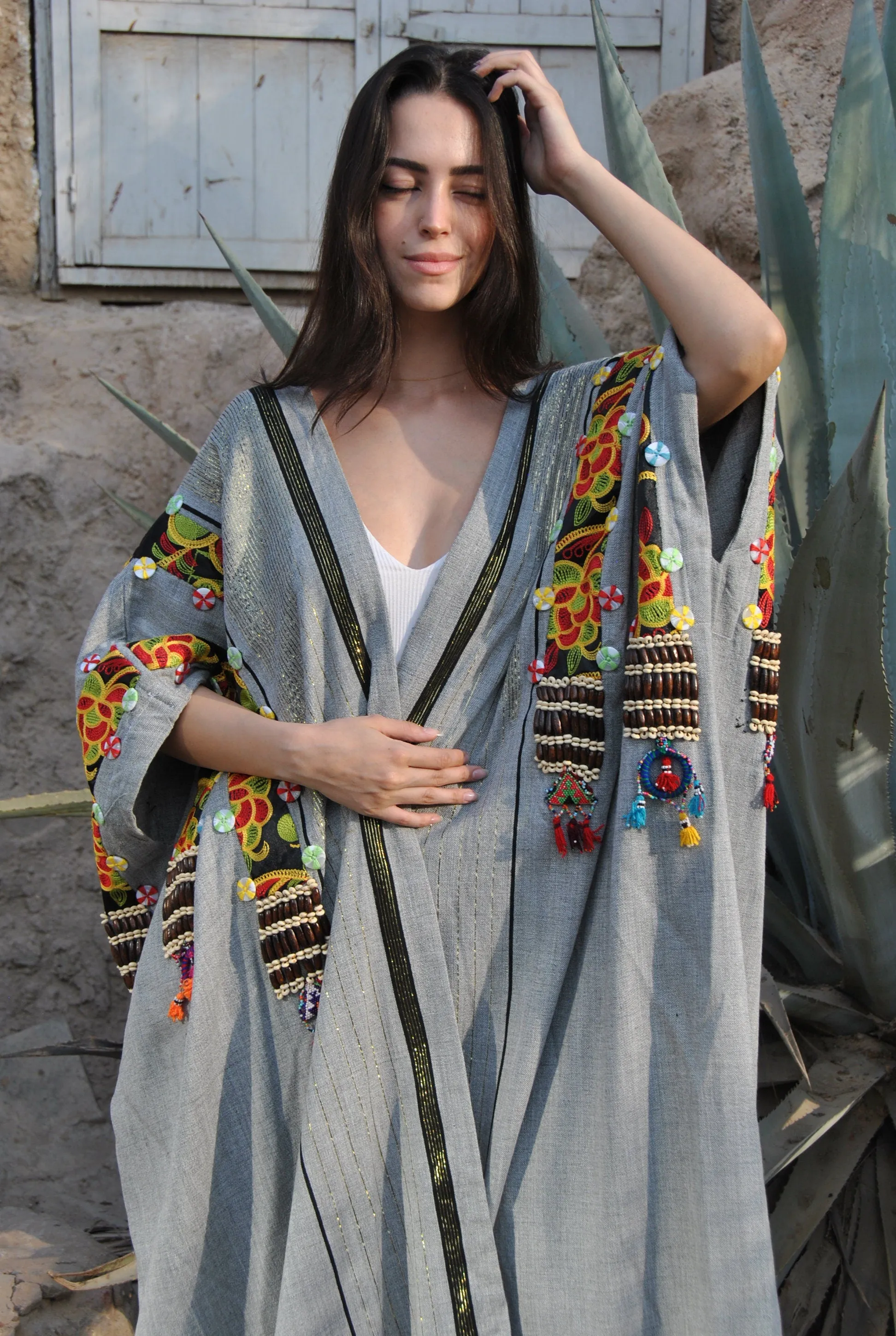 Bohemian Grey Hand loomed Wool Kimono, Oriental Kimono, Hand loomed Kimono, Kimonos, Plus size Kimono, Tribal Kimono, Bohemian Kimono