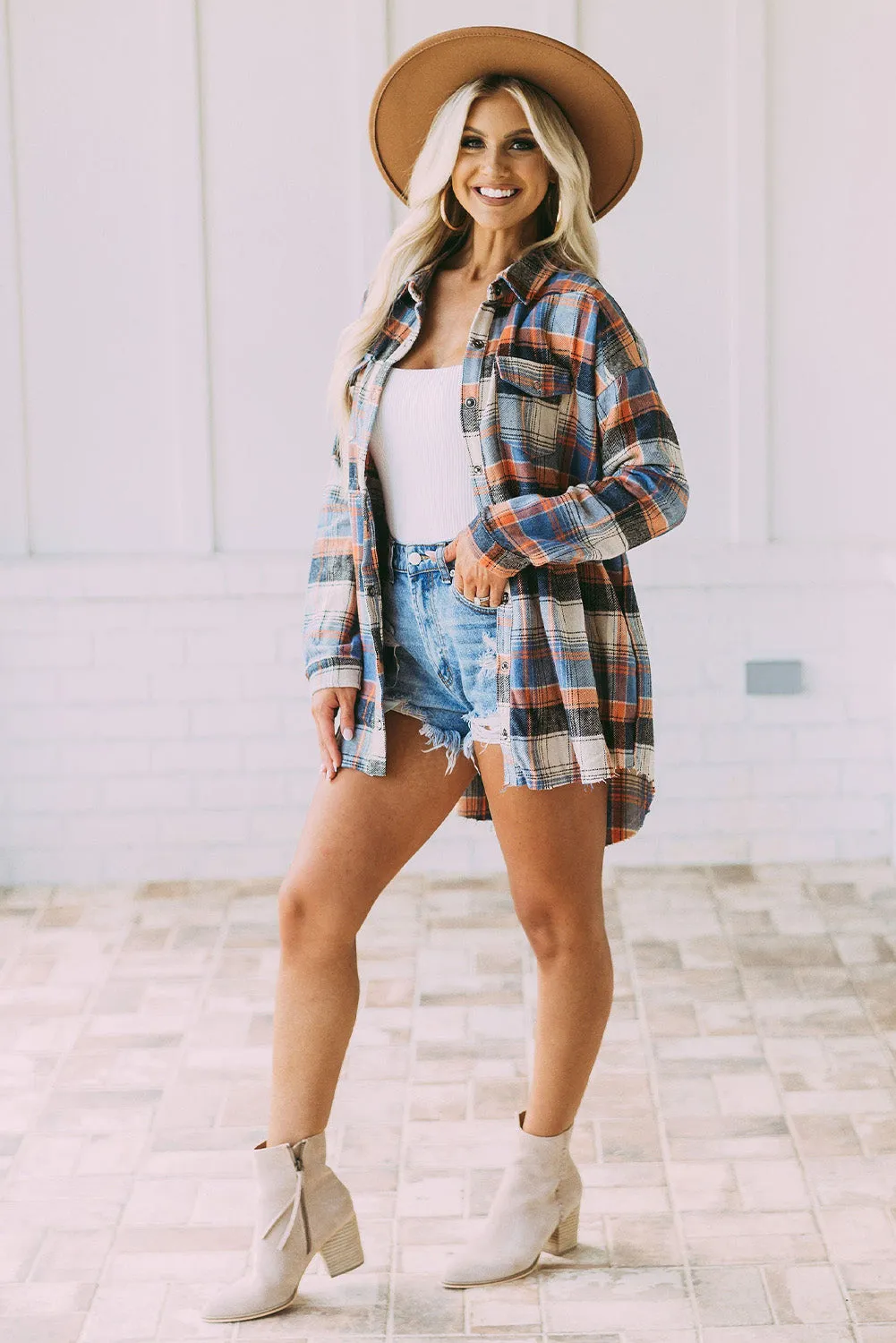 color Plaid Button Down Ruffled Shirt Jacket