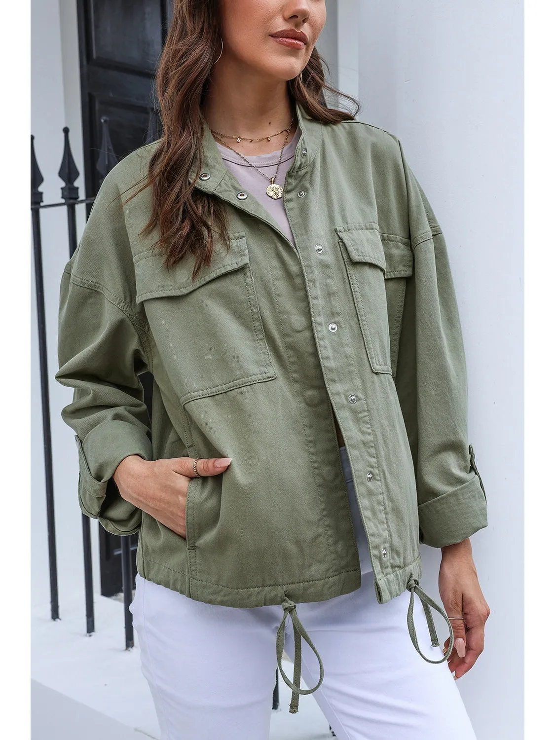 Drawstring Snap Down Dropped Shoulder Denim Jacket