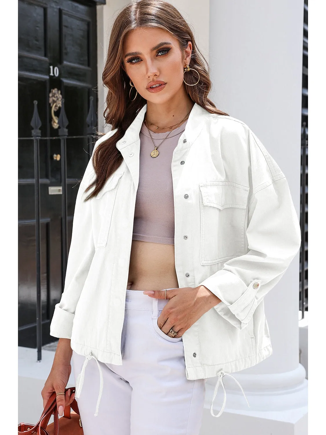 Drawstring Snap Down Dropped Shoulder Denim Jacket