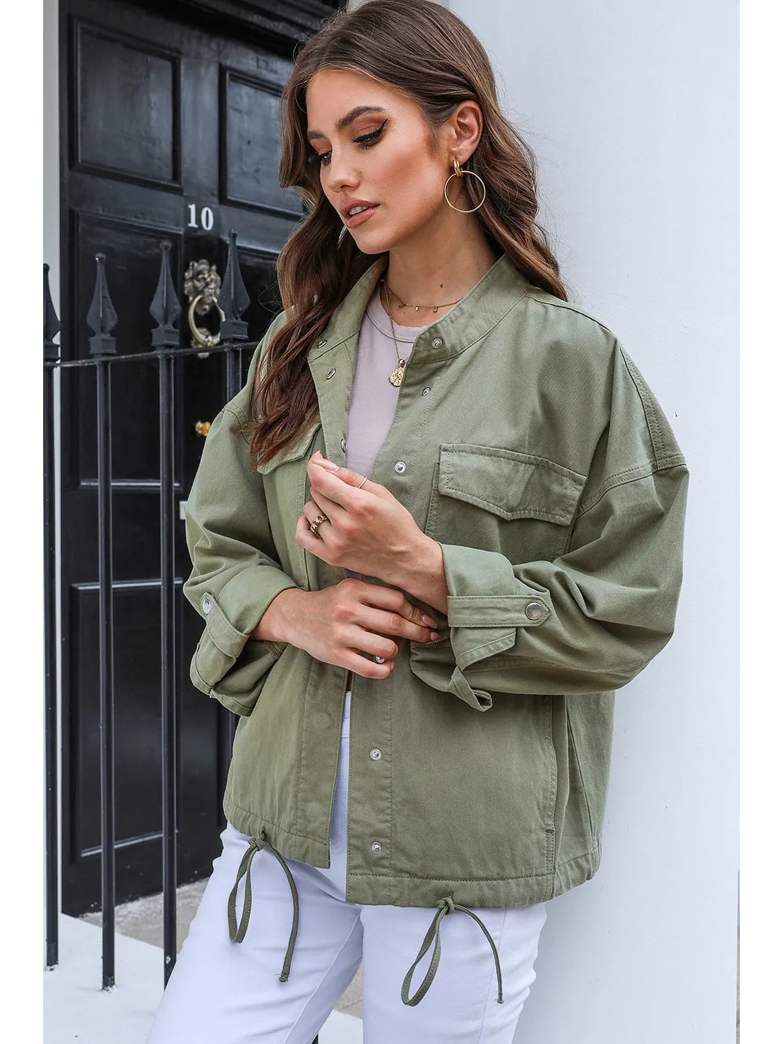 Drawstring Snap Down Dropped Shoulder Denim Jacket