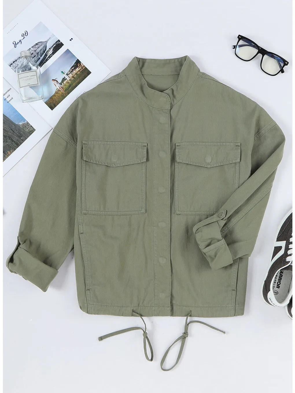 Drawstring Snap Down Dropped Shoulder Denim Jacket