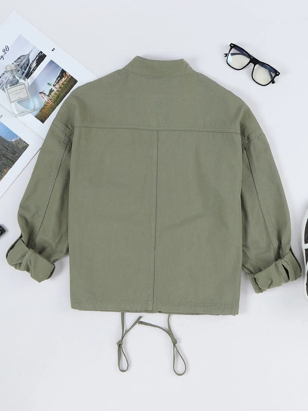 Drawstring Snap Down Dropped Shoulder Denim Jacket