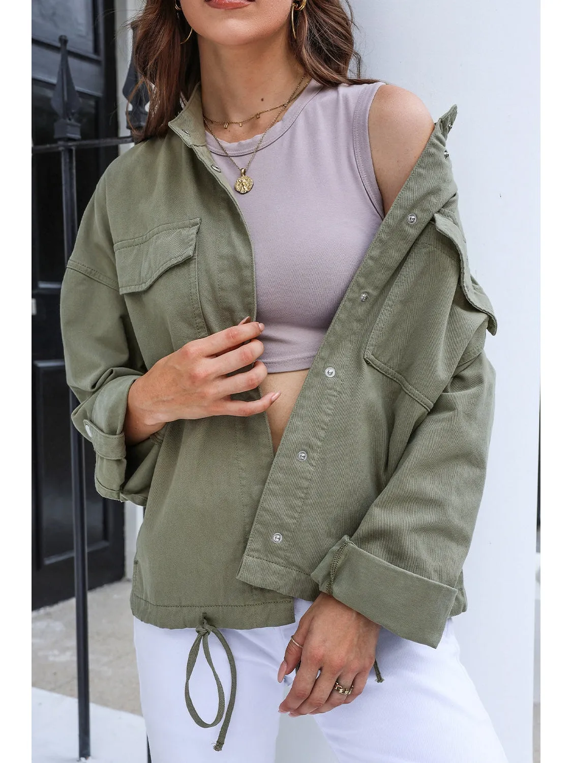 Drawstring Snap Down Dropped Shoulder Denim Jacket