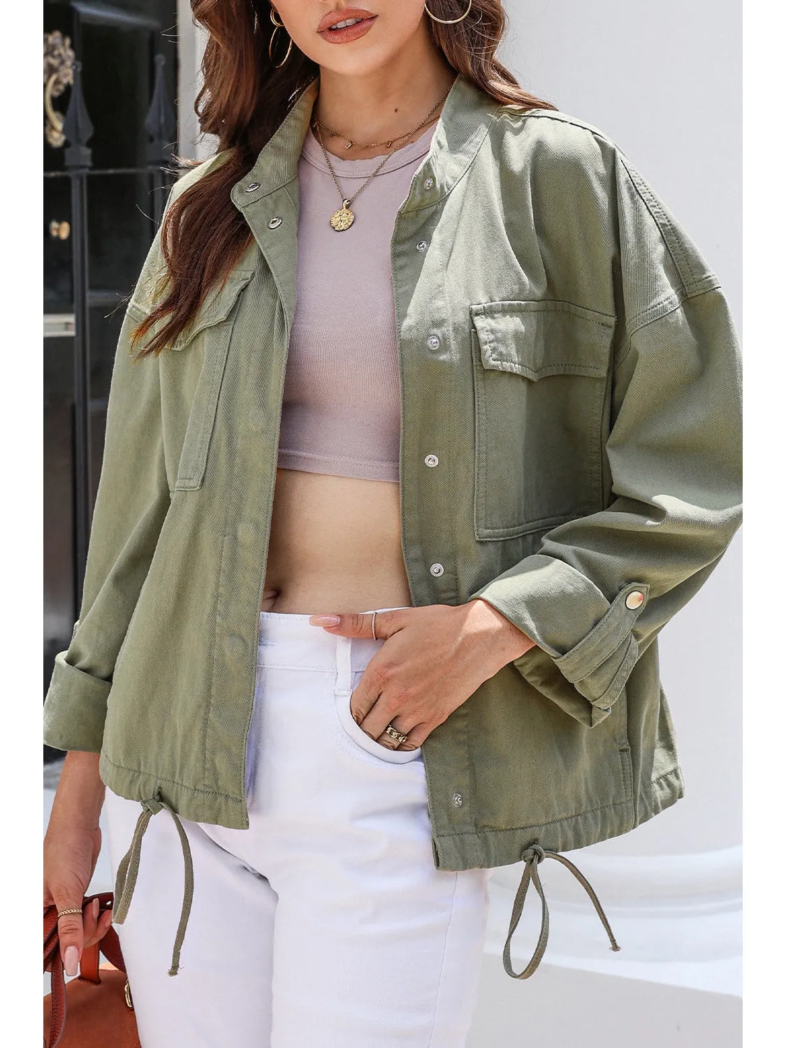 Drawstring Snap Down Dropped Shoulder Denim Jacket