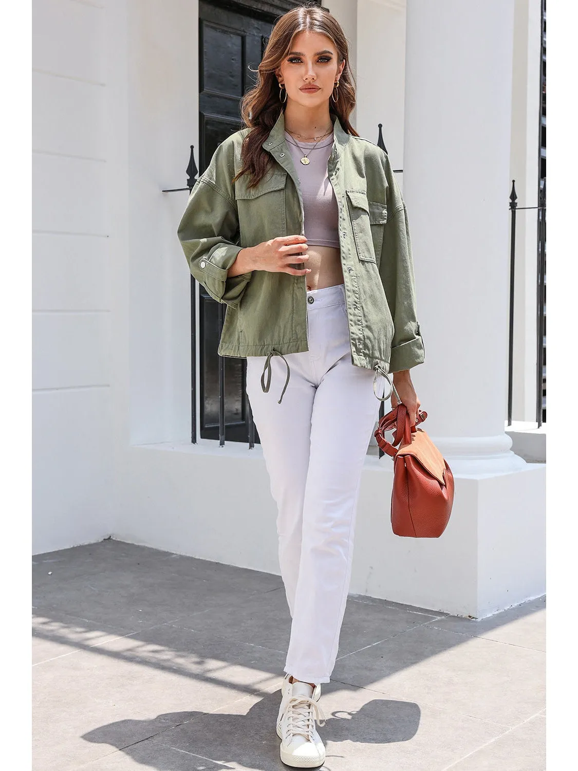 Drawstring Snap Down Dropped Shoulder Denim Jacket