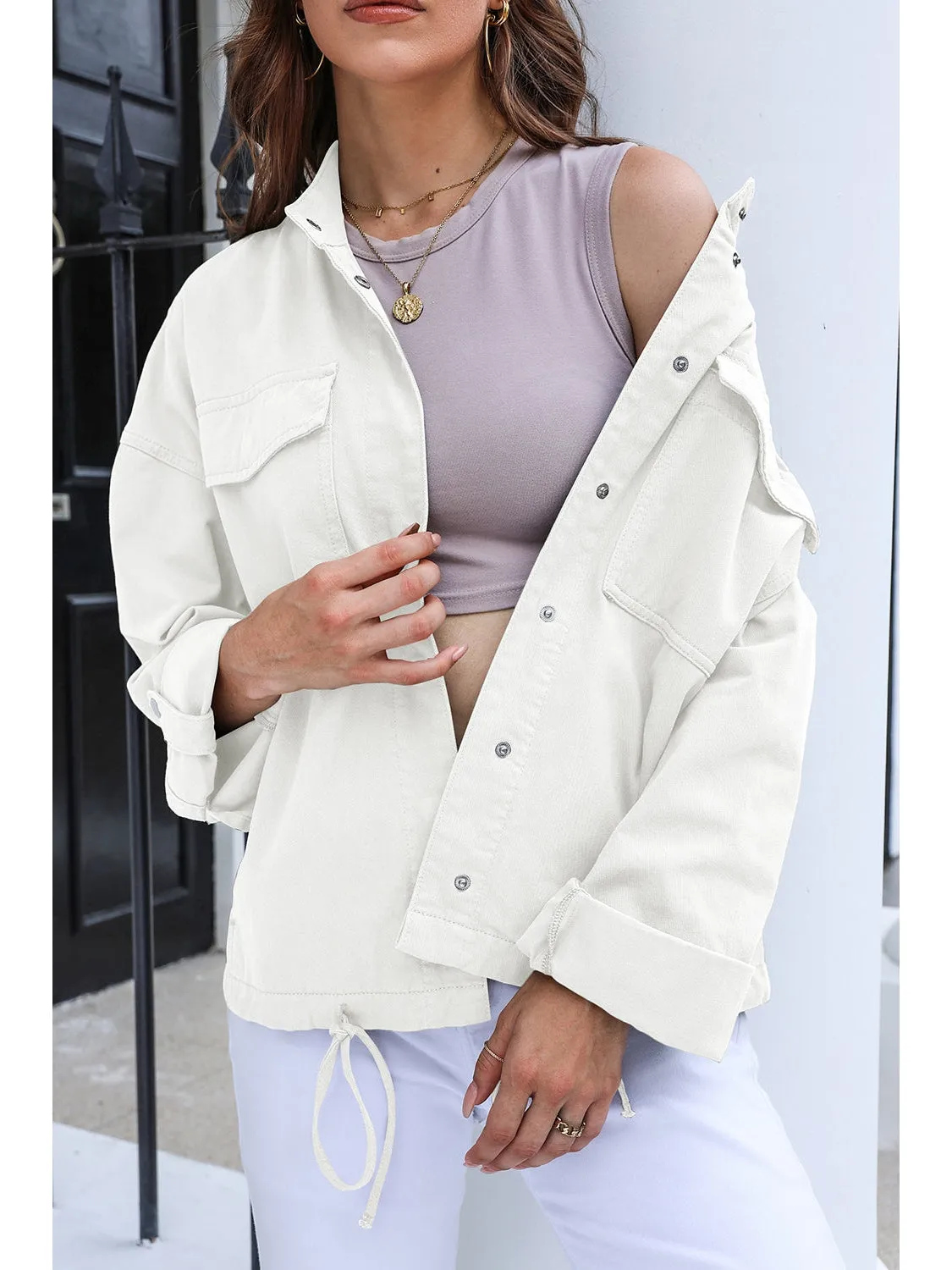 Drawstring Snap Down Dropped Shoulder Denim Jacket