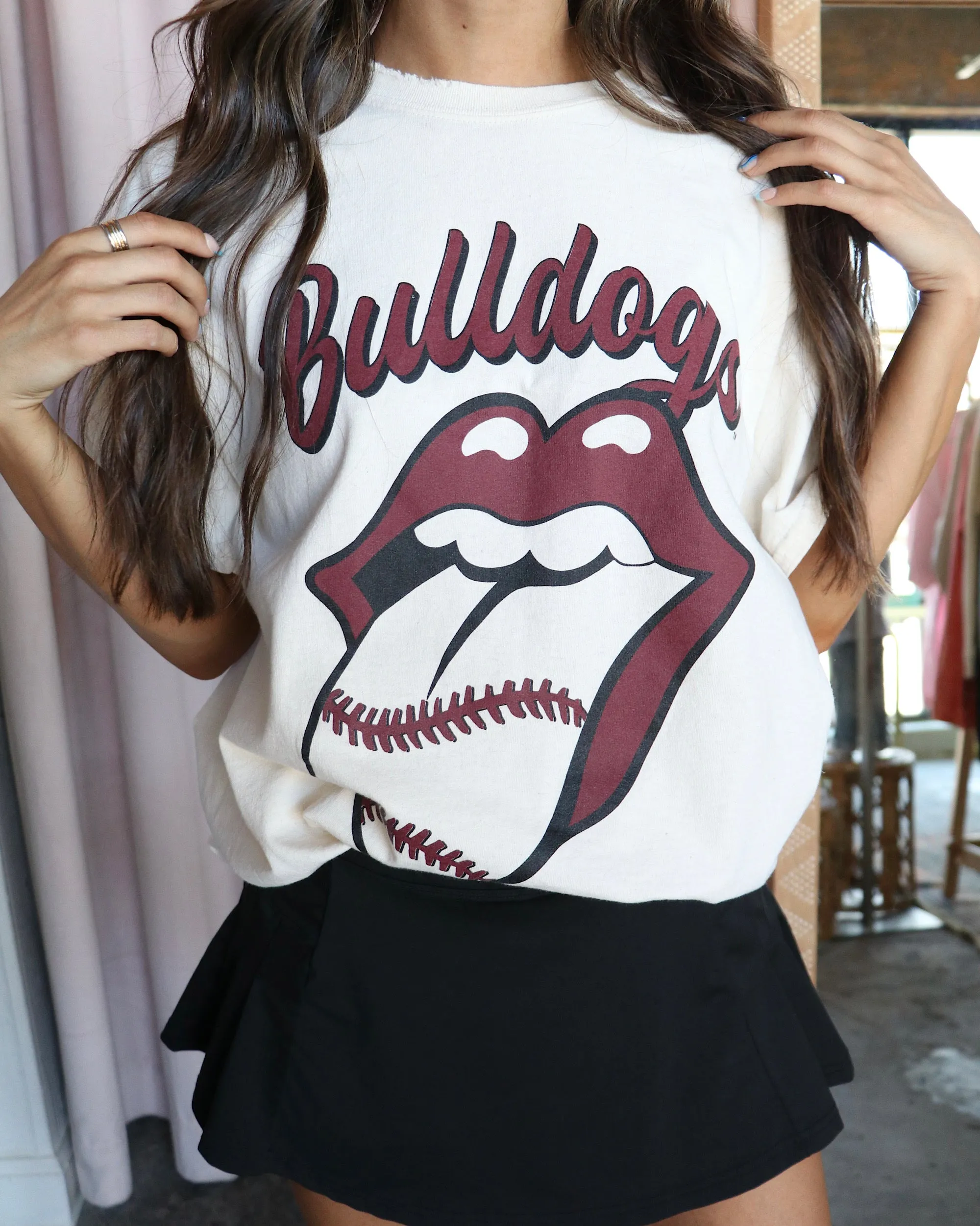 Rolling Stones MSU Bulldogs Baseball Lick Off White Thrifted Tee