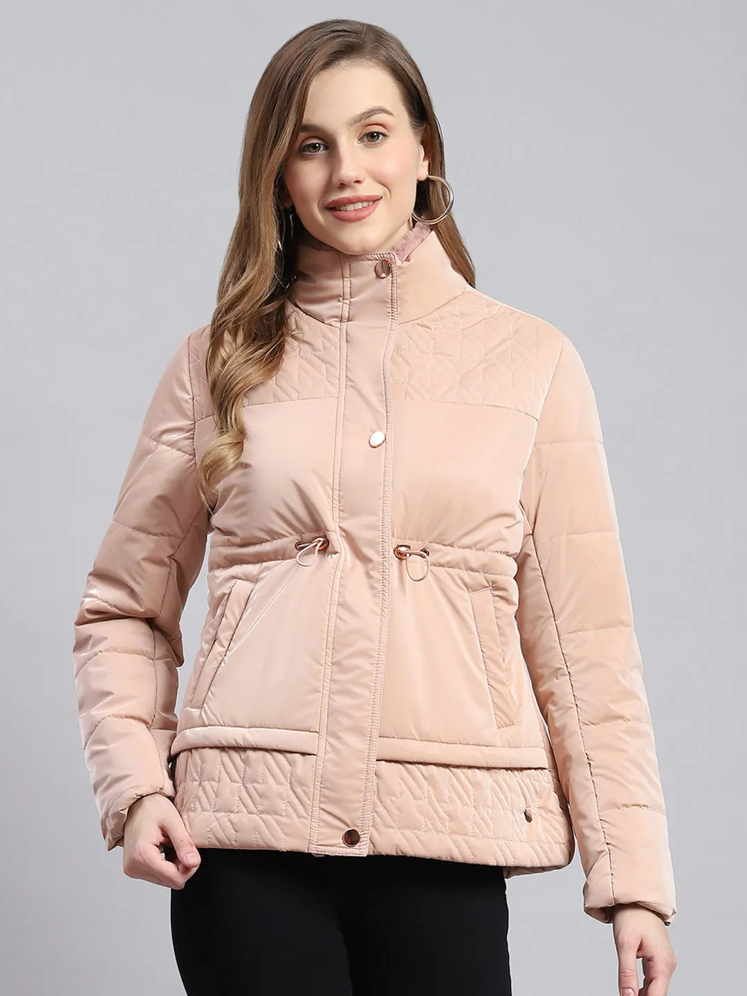 Women Peach Solid Stand Collar Full Sleeve Jackets
