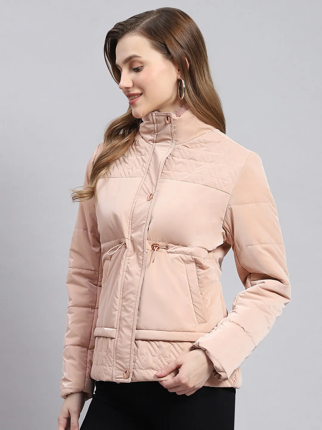 Women Peach Solid Stand Collar Full Sleeve Jackets