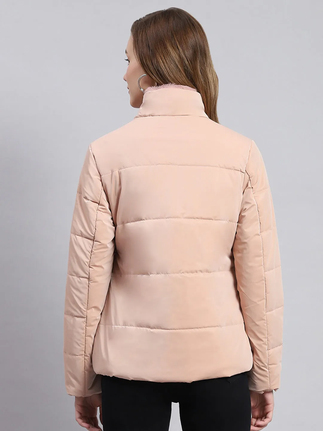 Women Peach Solid Stand Collar Full Sleeve Jackets