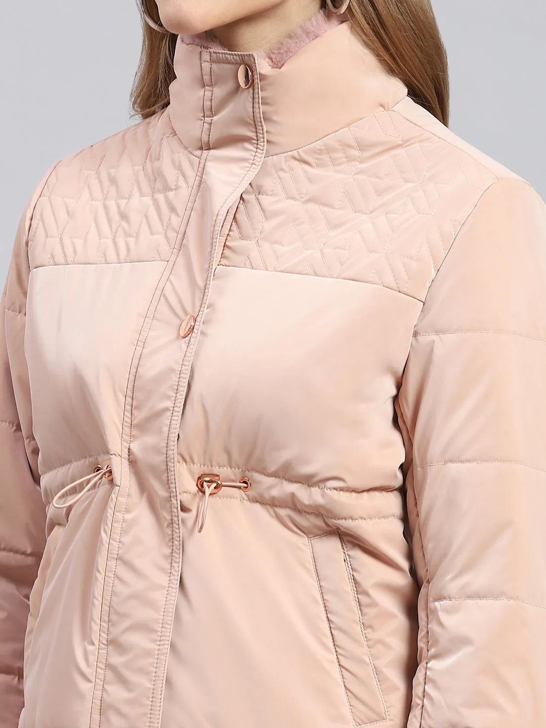Women Peach Solid Stand Collar Full Sleeve Jackets