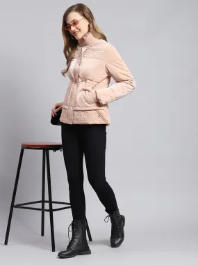 Women Peach Solid Stand Collar Full Sleeve Jackets